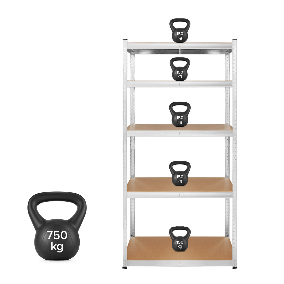 Metall-Lagergestell, 5 Fachböden, maximale Tragkraft bis zu 750 kg, 180 x 90 x 40, silber, Rebel, 2 Stück