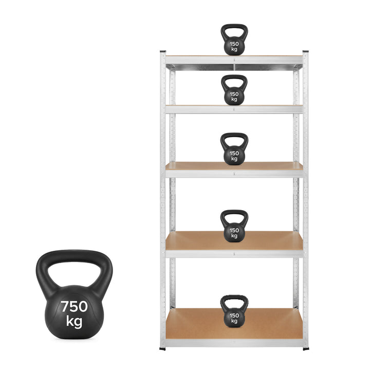 Metall-Lagergestell, 5 Fachböden, maximale Tragkraft bis zu 750 kg, 180 x 90 x 40, silber, Rebel, 2 Stück