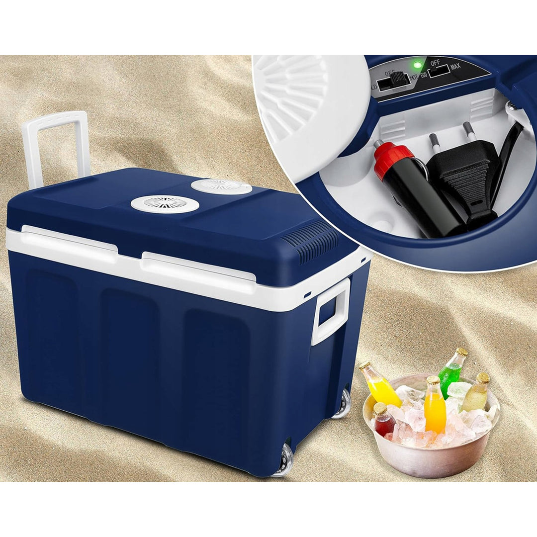 Blow-Kühlbox für den Auto- und Campinggebrauch, mit Rollen, Fassungsvermögen 42 l, Heizfunktion, Spannung DC 12 V und AC 100 V–240 V, 44–210