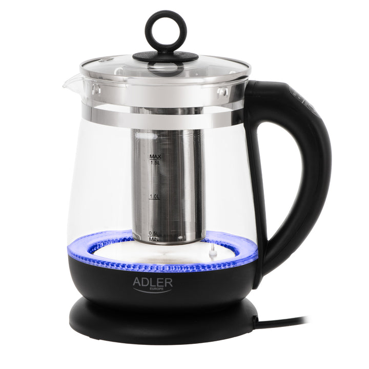 1,5-Liter-Glaswasserkocher mit Teefilter und Temperaturregelung, 2200 W, LED-Anzeige 60–100 °C, Adler AD 1299, schwarz