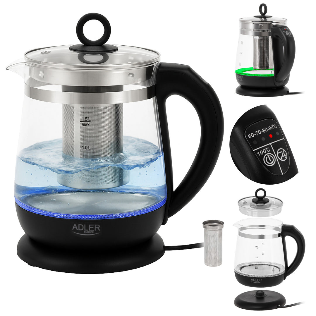 1,5-Liter-Glaswasserkocher mit Teefilter und Temperaturregelung, 2200 W, LED-Anzeige 60–100 °C, Adler AD 1299, schwarz
