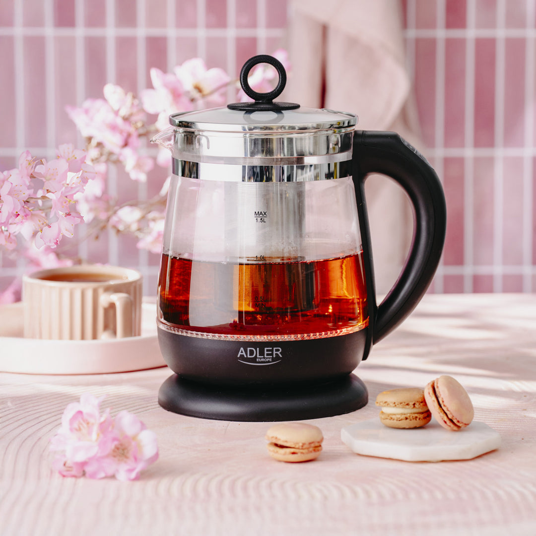 1,5-Liter-Glaswasserkocher mit Teefilter und Temperaturregelung, 2200 W, LED-Anzeige 60–100 °C, Adler AD 1299, schwarz
