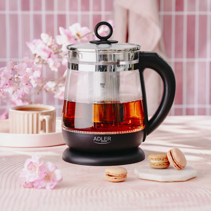 1,5-Liter-Glaswasserkocher mit Teefilter und Temperaturregelung, 2200 W, LED-Anzeige 60–100 °C, Adler AD 1299, schwarz