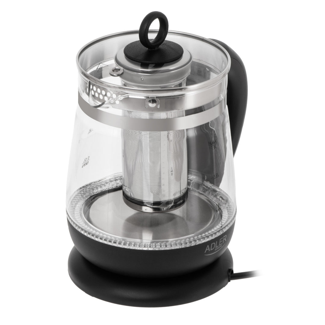 1,5-Liter-Glaswasserkocher mit Teefilter und Temperaturregelung, 2200 W, LED-Anzeige 60–100 °C, Adler AD 1299, schwarz