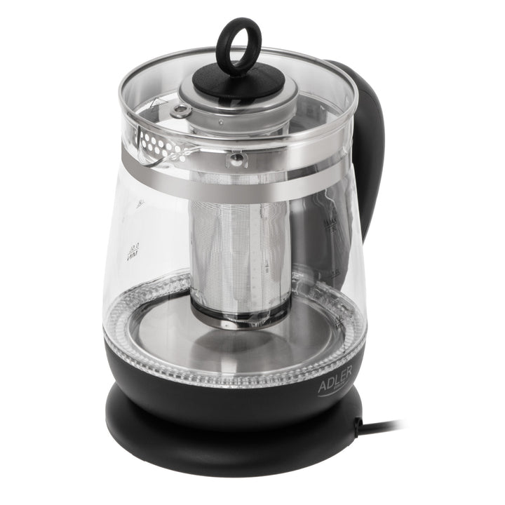 1,5-Liter-Glaswasserkocher mit Teefilter und Temperaturregelung, 2200 W, LED-Anzeige 60–100 °C, Adler AD 1299, schwarz