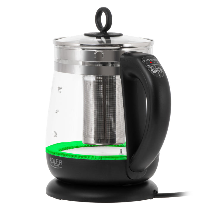 1,5-Liter-Glaswasserkocher mit Teefilter und Temperaturregelung, 2200 W, LED-Anzeige 60–100 °C, Adler AD 1299, schwarz