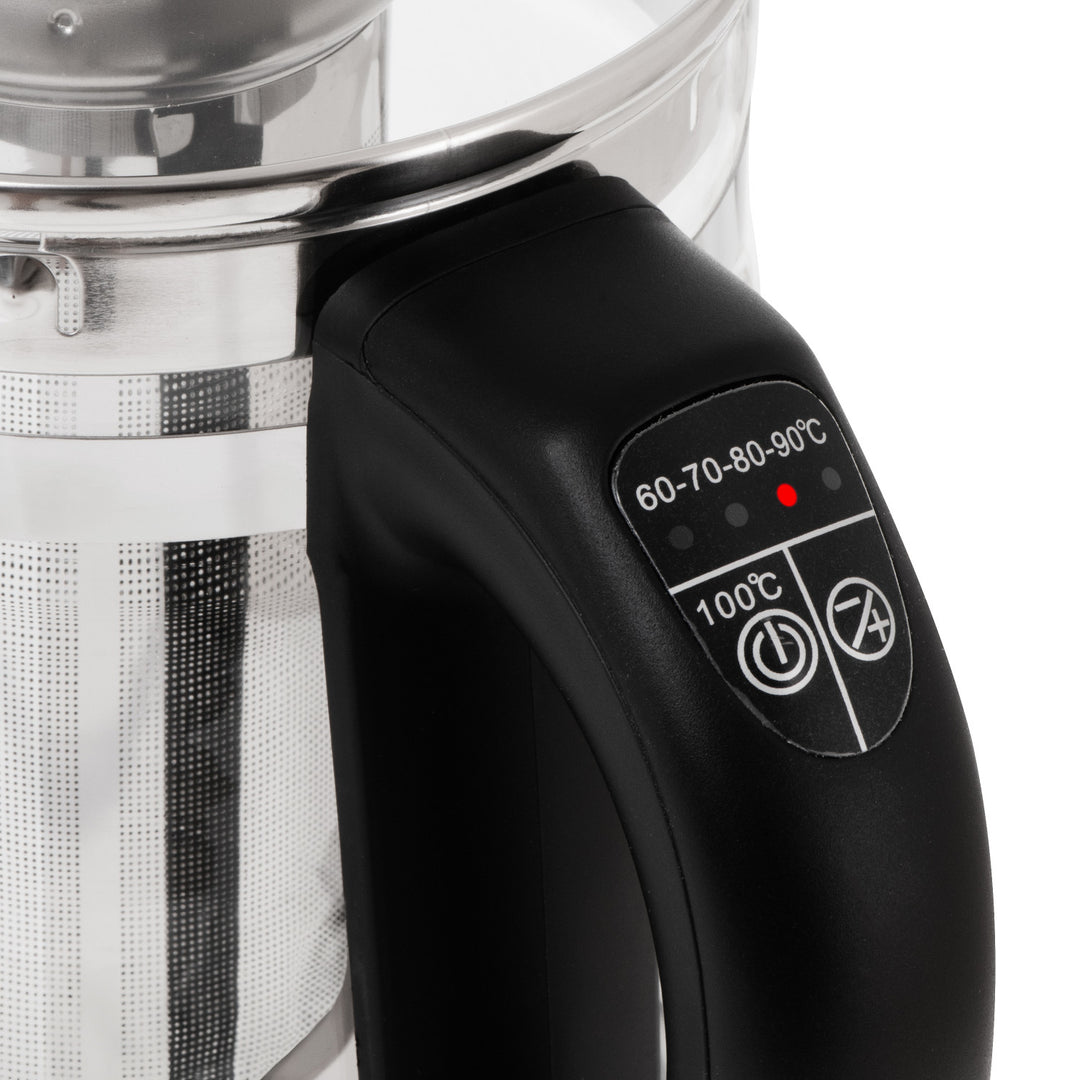 1,5-Liter-Glaswasserkocher mit Teefilter und Temperaturregelung, 2200 W, LED-Anzeige 60–100 °C, Adler AD 1299, schwarz