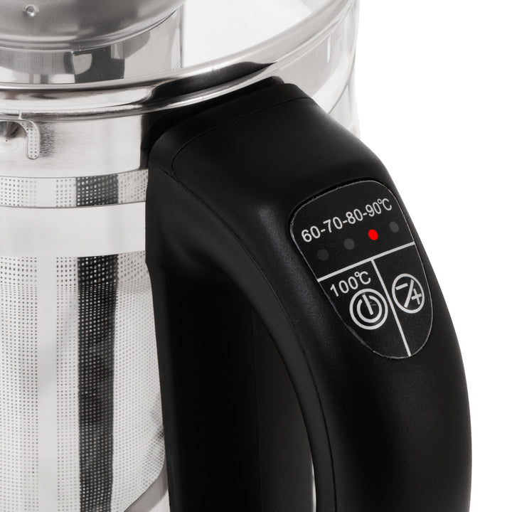 1,5-Liter-Glaswasserkocher mit Teefilter und Temperaturregelung, 2200 W, LED-Anzeige 60–100 °C, Adler AD 1299, schwarz