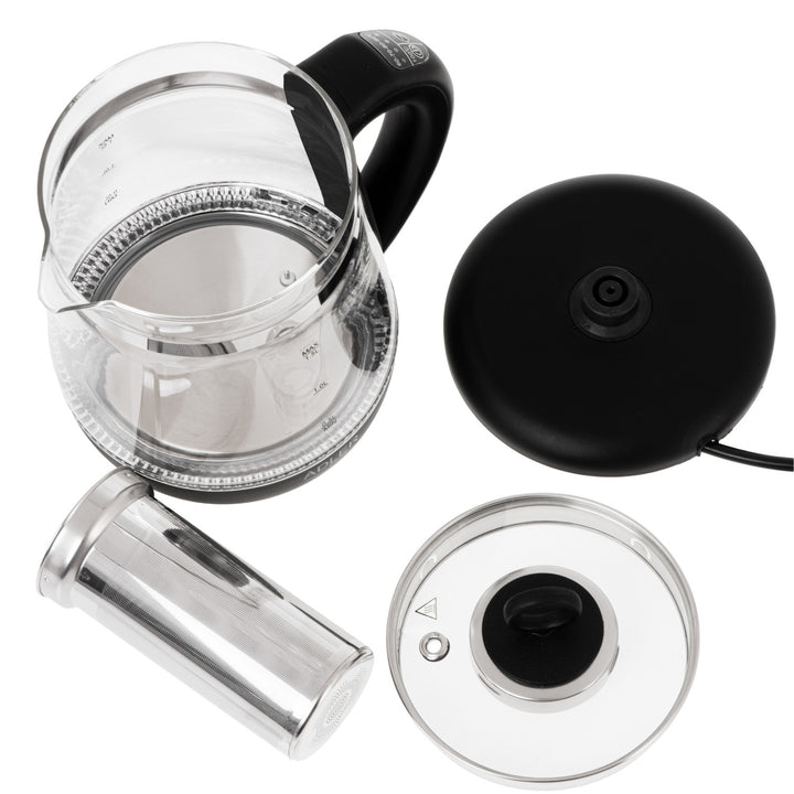 1,5-Liter-Glaswasserkocher mit Teefilter und Temperaturregelung, 2200 W, LED-Anzeige 60–100 °C, Adler AD 1299, schwarz