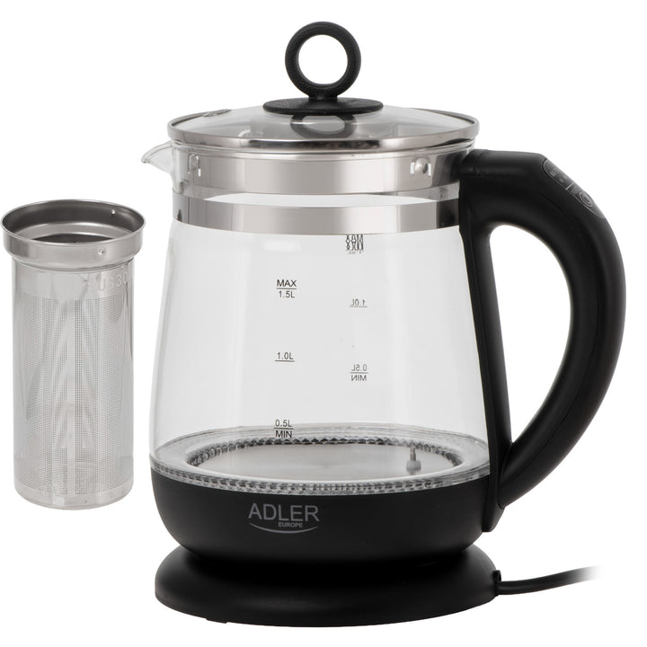 1,5-Liter-Glaswasserkocher mit Teefilter und Temperaturregelung, 2200 W, LED-Anzeige 60–100 °C, Adler AD 1299, schwarz