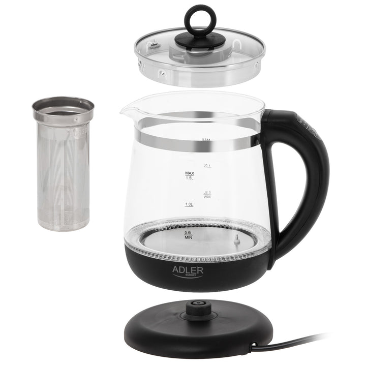 1,5-Liter-Glaswasserkocher mit Teefilter und Temperaturregelung, 2200 W, LED-Anzeige 60–100 °C, Adler AD 1299, schwarz