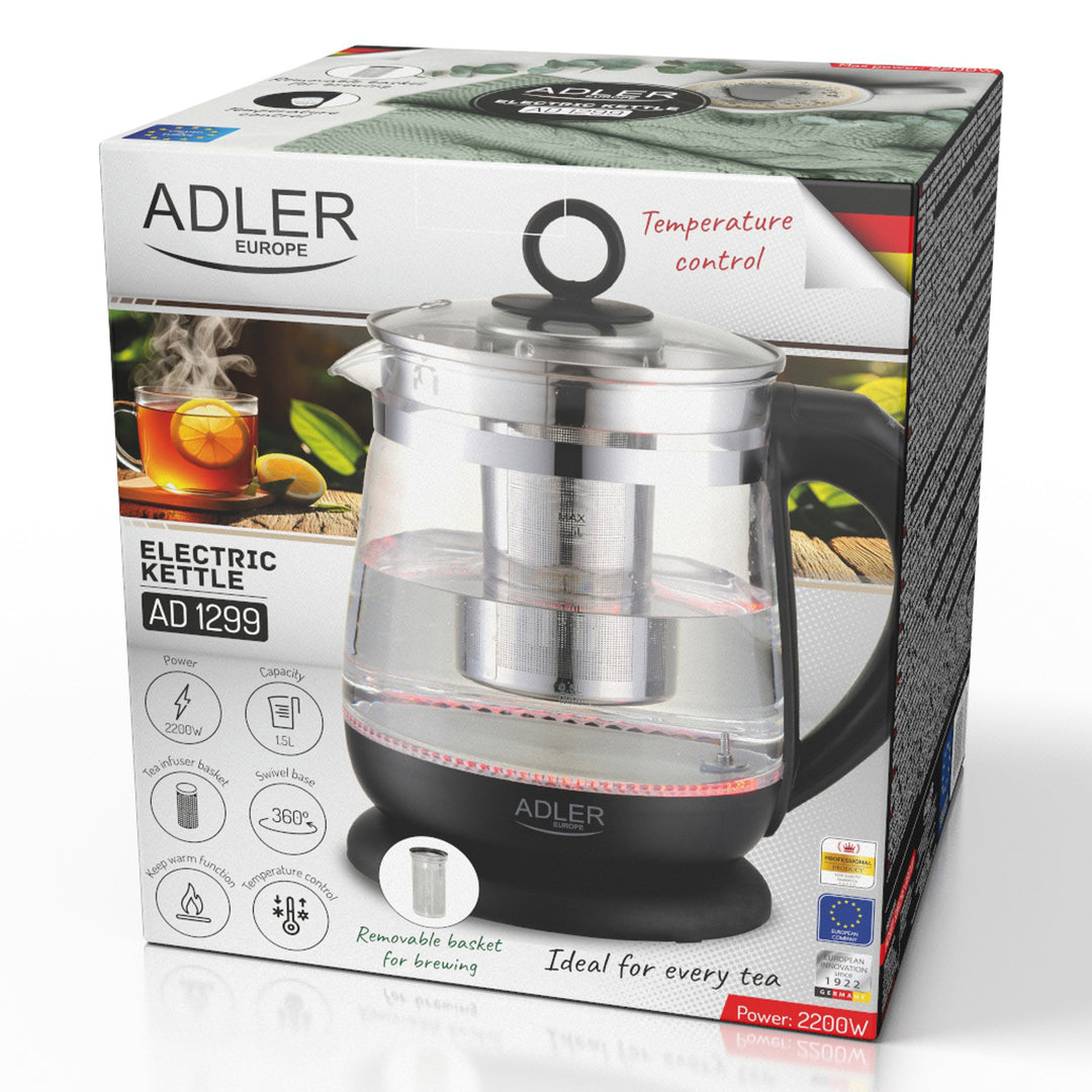 1,5-Liter-Glaswasserkocher mit Teefilter und Temperaturregelung, 2200 W, LED-Anzeige 60–100 °C, Adler AD 1299, schwarz