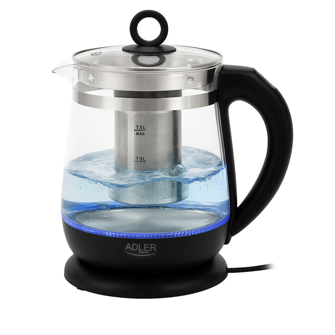 1,5-Liter-Glaswasserkocher mit Teefilter und Temperaturregelung, 2200 W, LED-Anzeige 60–100 °C, Adler AD 1299, schwarz
