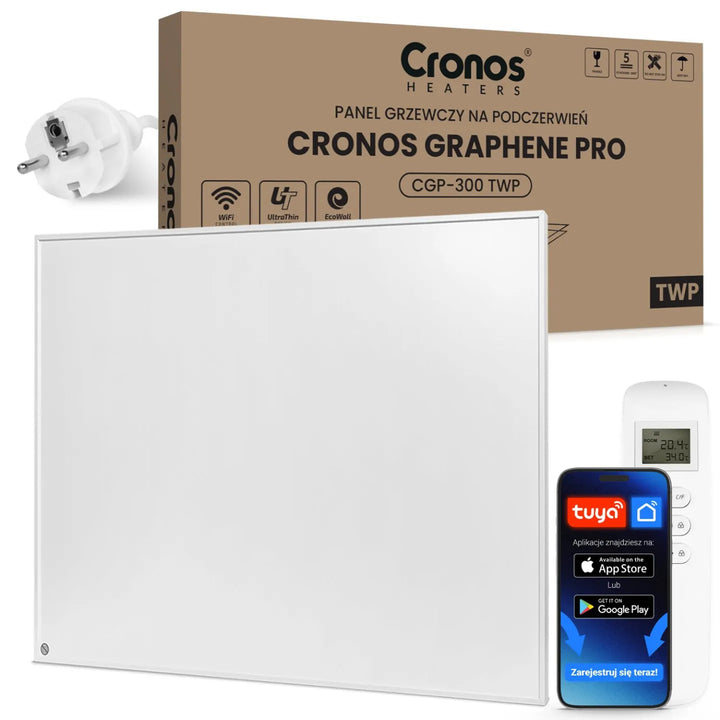 Cronos Graphene Infrarot-Heizpaneel, Leistung 300 W, Farbe: Weiß, heizt Räume bis zu 8 m², Fernbedienung, PRO CGP-300TWP