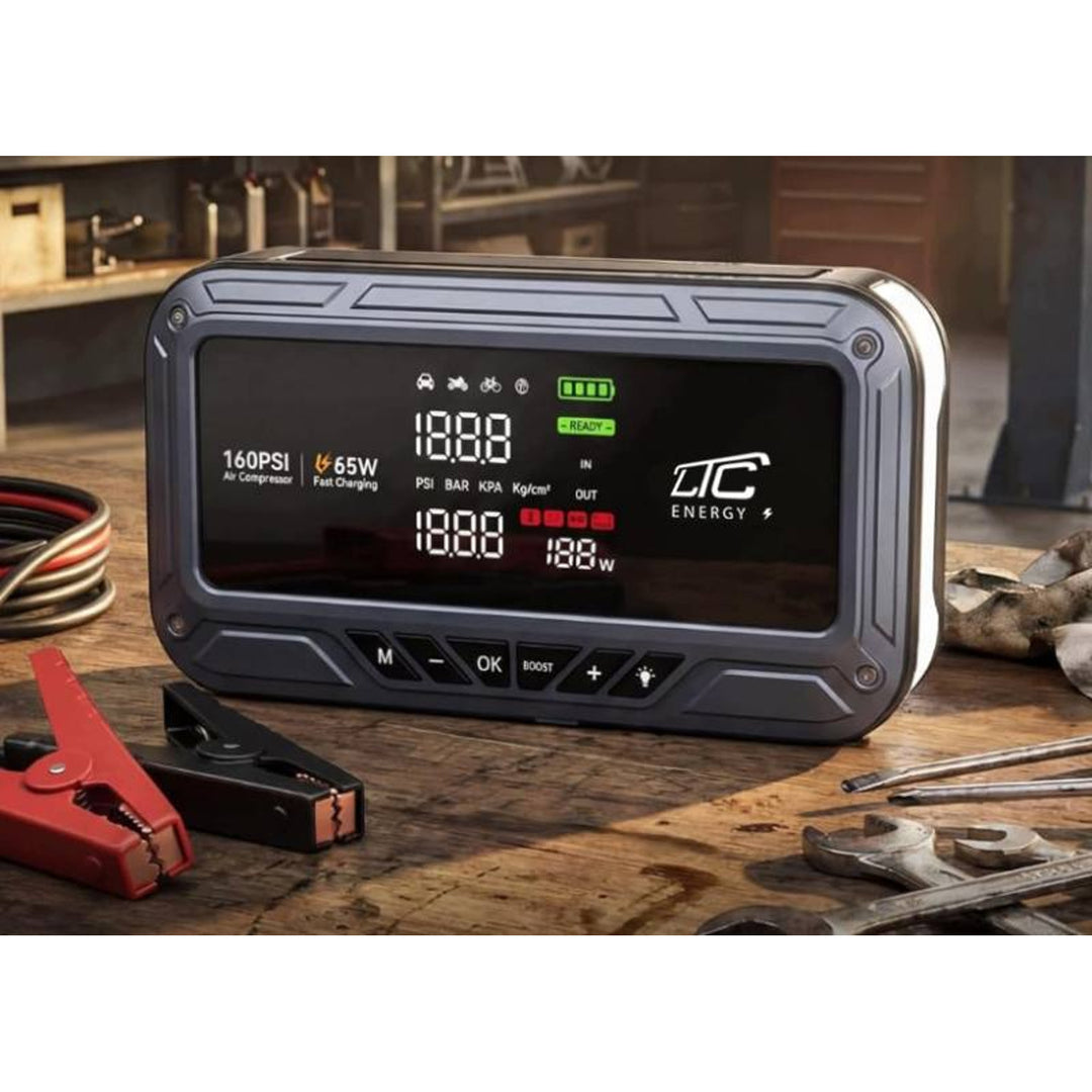 LTC-Starthilfe, 12.000 mAh, mit Kompressor, Taschenlampe und Powerbank, LCD-Display, Leistung 65 W, Kabel und Tragetasche im Lieferumfang enthalten, LXJS120