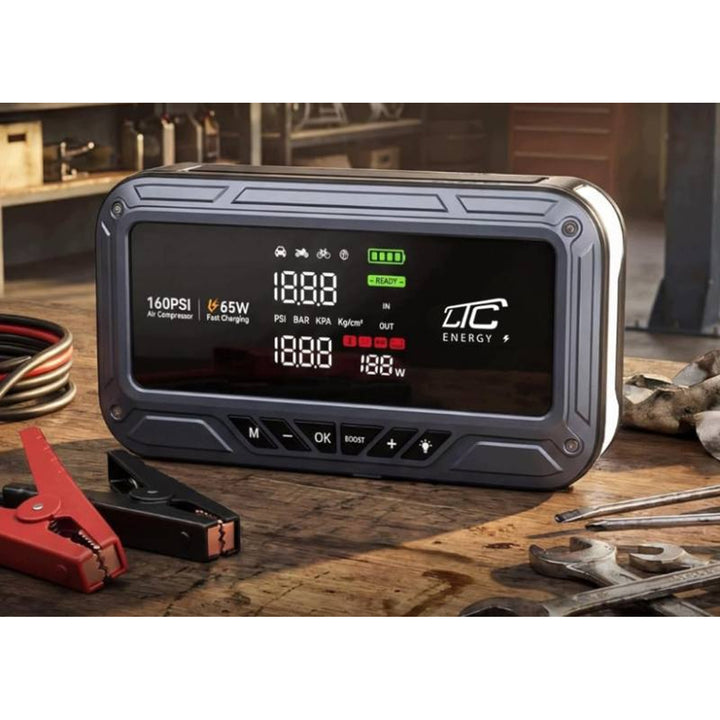 LTC-Starthilfe, 12.000 mAh, mit Kompressor, Taschenlampe und Powerbank, LCD-Display, Leistung 65 W, Kabel und Tragetasche im Lieferumfang enthalten, LXJS120