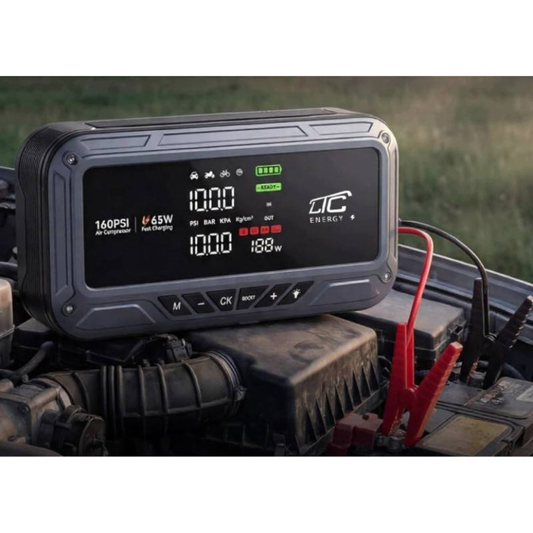 LTC-Starthilfe, 12.000 mAh, mit Kompressor, Taschenlampe und Powerbank, LCD-Display, Leistung 65 W, Kabel und Tragetasche im Lieferumfang enthalten, LXJS120