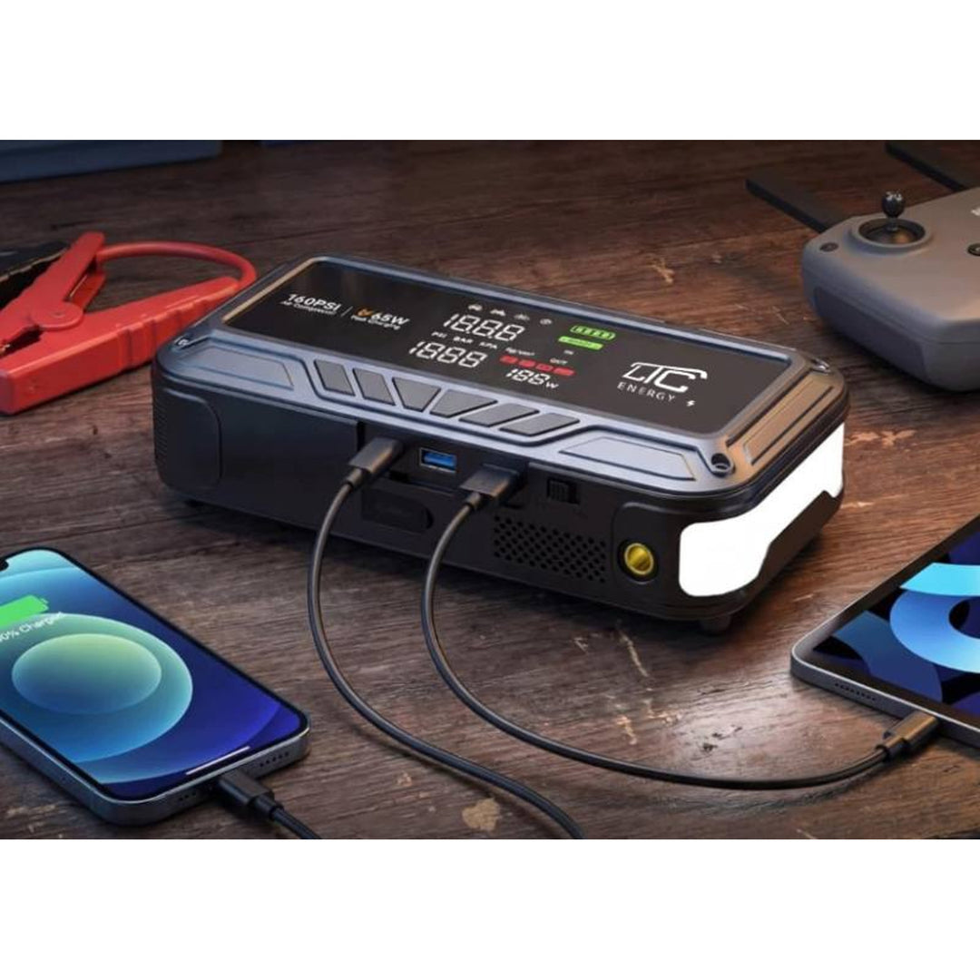 LTC-Starthilfe, 12.000 mAh, mit Kompressor, Taschenlampe und Powerbank, LCD-Display, Leistung 65 W, Kabel und Tragetasche im Lieferumfang enthalten, LXJS120