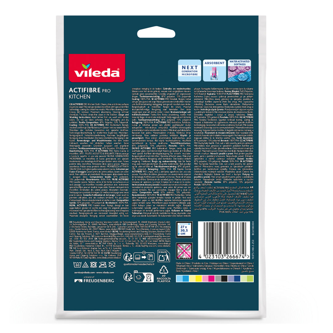 Vileda Actifibre Pro Küchentuch, 1 Stück, aus Mikrofaser, mit PVA-Beschichtung, waschbar bis 60 °C, 183303