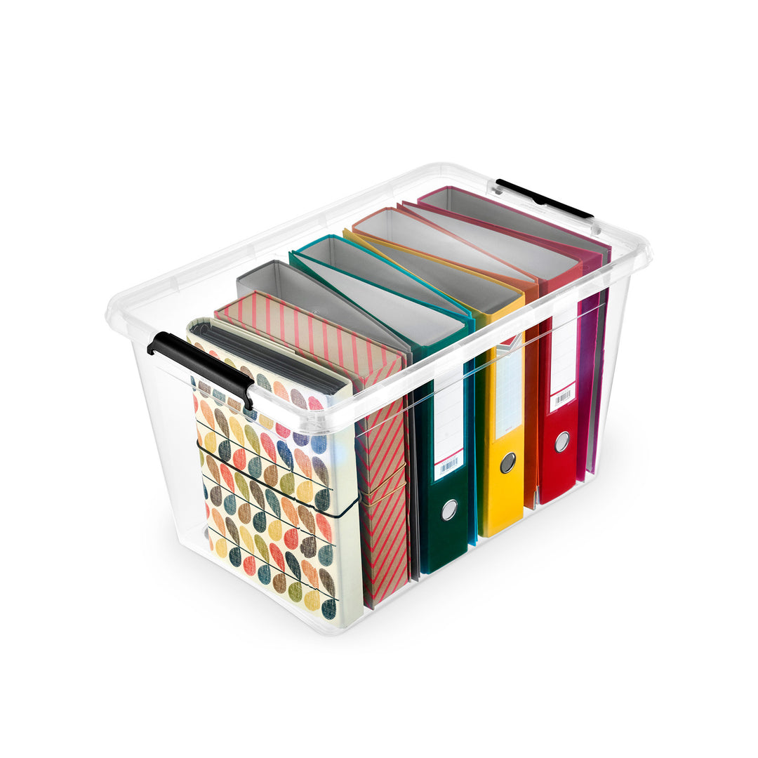 Moxom SimpleStore-Behälter, Fassungsvermögen 60 l, transparent, Deckel mit Clipverschluss, mit Rollen, BPA-frei, 04-0081