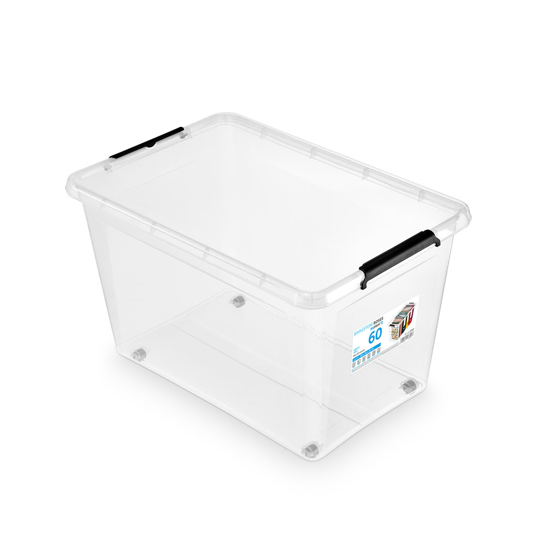 Moxom SimpleStore-Behälter, Fassungsvermögen 60 l, transparent, Deckel mit Clipverschluss, mit Rollen, BPA-frei, 04-0081