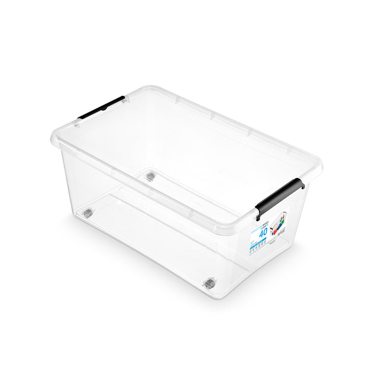 Moxom SimpleStore-Behälter, Fassungsvermögen 40 l, transparent, Deckel mit Clipverschluss, mit Rollen, BPA-frei, 04-0076