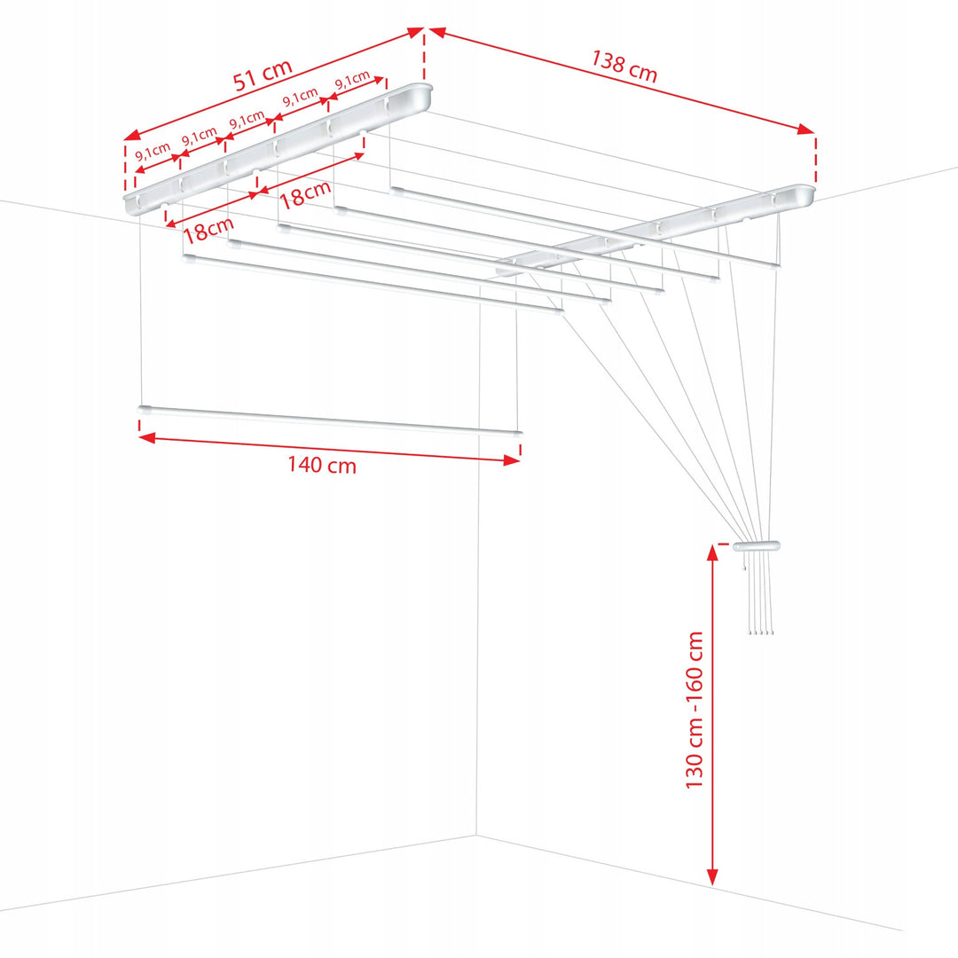 Decken-Wäscheständer mit 6 Stangen, 140 cm, Trocknungsfläche 8,4 m, Sepio