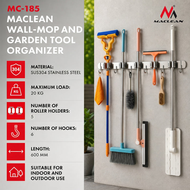 Maclean Wandhalterung für Gartengeräte und Mopps, aus Stahl, mit Haken, max. Belastbarkeit 20 kg, Breite 60 cm, MC-185, 2 Stück