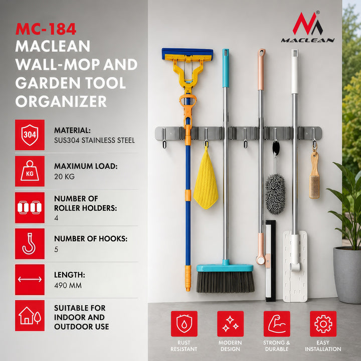 Maclean Wandhalterung für Gartengeräte und Mops, aus Stahl, mit Haken, max. Belastbarkeit 20 kg, Breite 49 cm, MC-184, 2 Stück