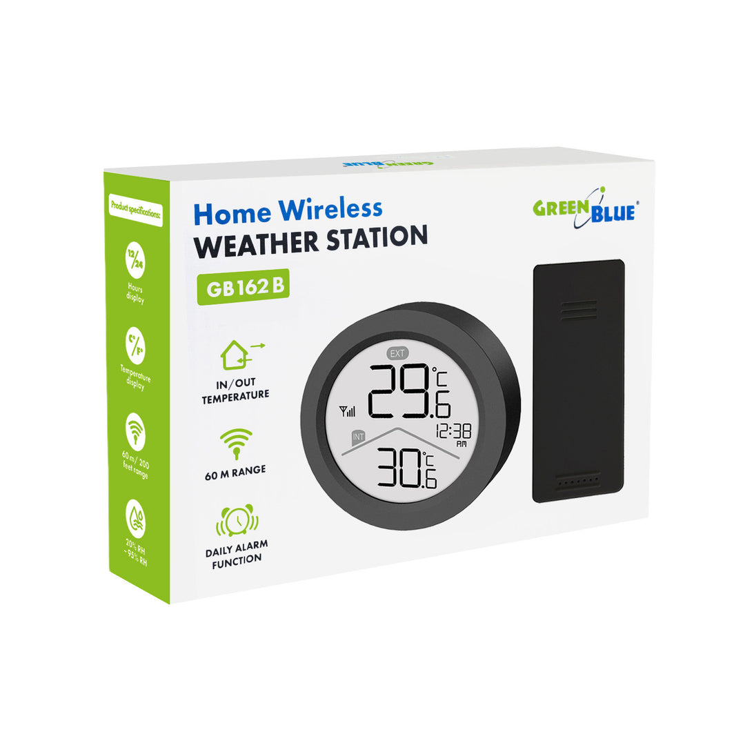 GreenBlue Funk-Wetterstation, Innen-/Außentemperatur, Uhr, wahlweise °C / °F, Reichweite bis zu 60 m, schwarz, GB162 B + 4x AAA-Alkalibatterien von Varta Industrial