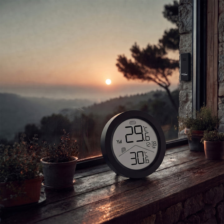 GreenBlue Funk-Wetterstation, Innen-/Außentemperatur, Uhr, wahlweise °C / °F, Reichweite bis zu 60 m, schwarz, GB162 B + 4x AAA-Alkalibatterien von Varta Industrial