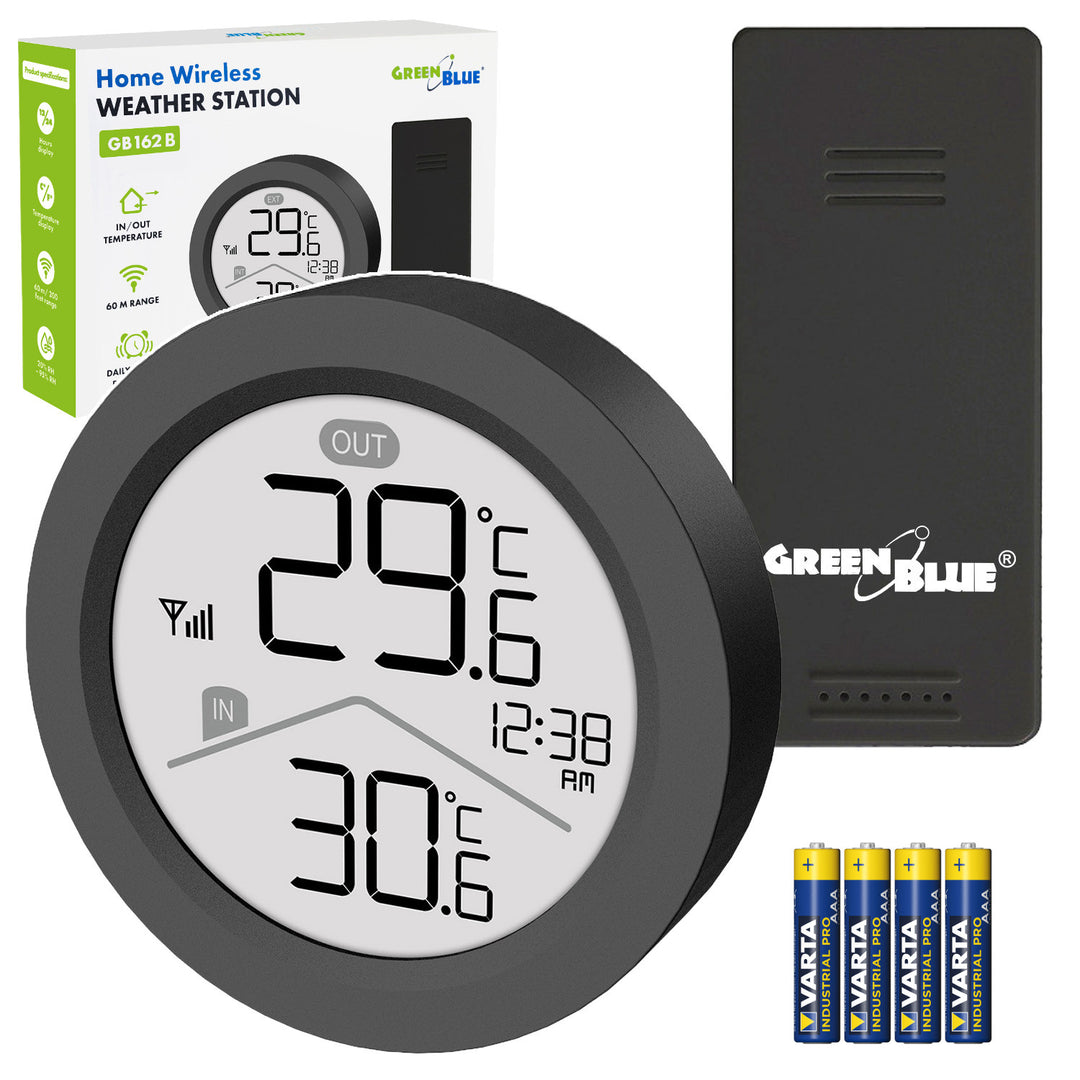 GreenBlue Funk-Wetterstation, Innen-/Außentemperatur, Uhr, wahlweise °C / °F, Reichweite bis zu 60 m, schwarz, GB162 B + 4x AAA-Alkalibatterien von Varta Industrial