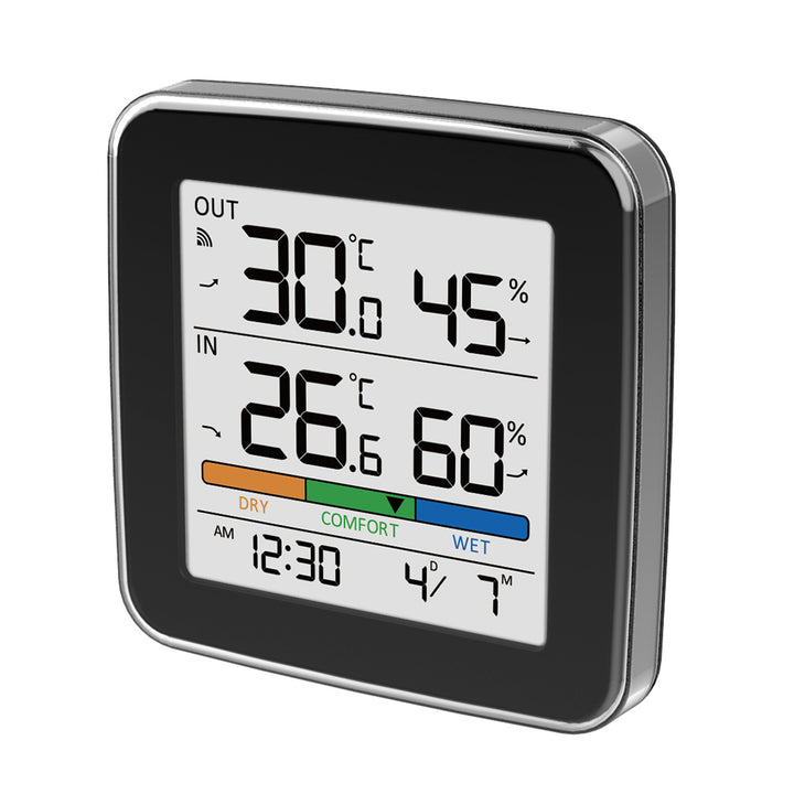 GreenBlue Funk-Wetterstation, Temperatur + Luftfeuchtigkeit (innen/außen), Uhr + Wecker + Datum, °C / °F, bis zu 60 m, schwarz, GB169 B + 4 x Varta Industrial AAA-Alkalibatterien
