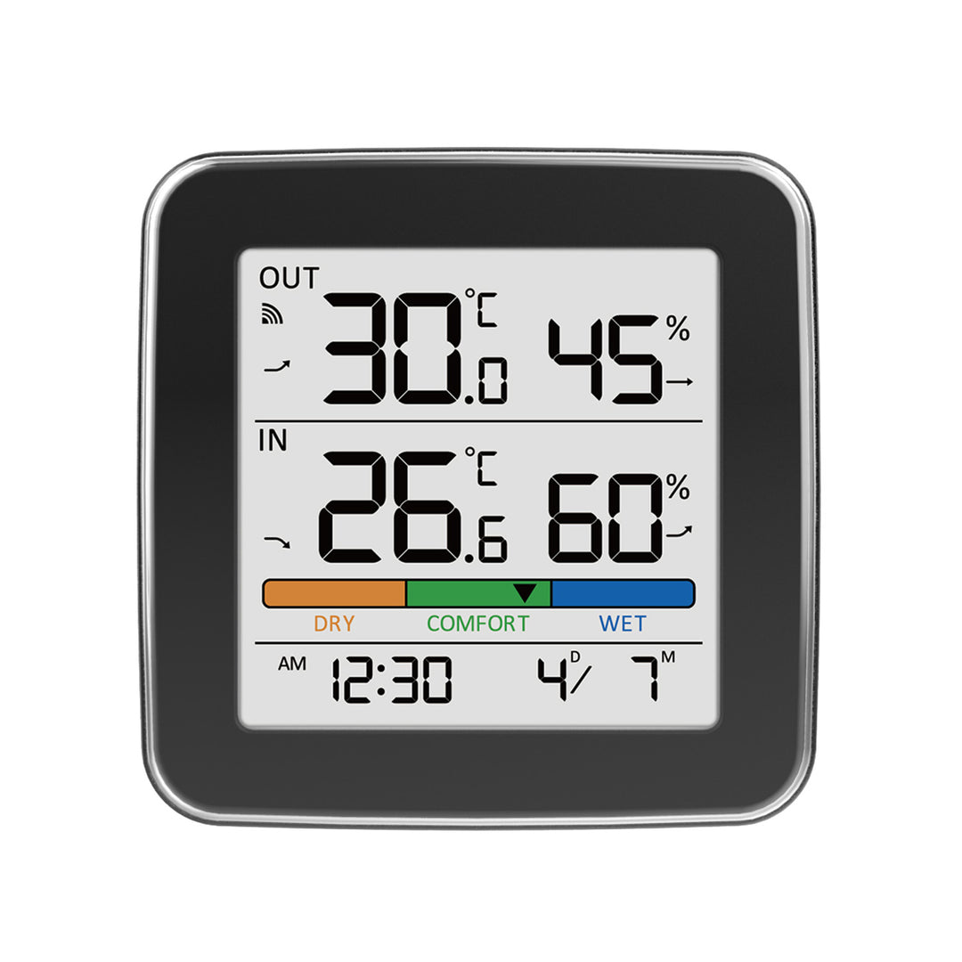 GreenBlue Funk-Wetterstation, Temperatur + Luftfeuchtigkeit (innen/außen), Uhr + Wecker + Datum, °C / °F, bis zu 60 m, schwarz, GB169 B + 4 x Varta Industrial AAA-Alkalibatterien