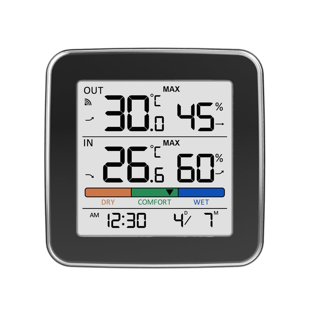 GreenBlue Funk-Wetterstation, Temperatur + Luftfeuchtigkeit (innen/außen), Uhr + Wecker + Datum, °C / °F, bis zu 60 m, schwarz, GB169 B + 4 x Varta Industrial AAA-Alkalibatterien