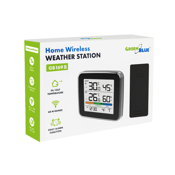 GreenBlue Funk-Wetterstation, Temperatur + Luftfeuchtigkeit (innen/außen), Uhr + Wecker + Datum, °C / °F, bis zu 60 m, schwarz, GB169 B + 4 x Varta Industrial AAA-Alkalibatterien