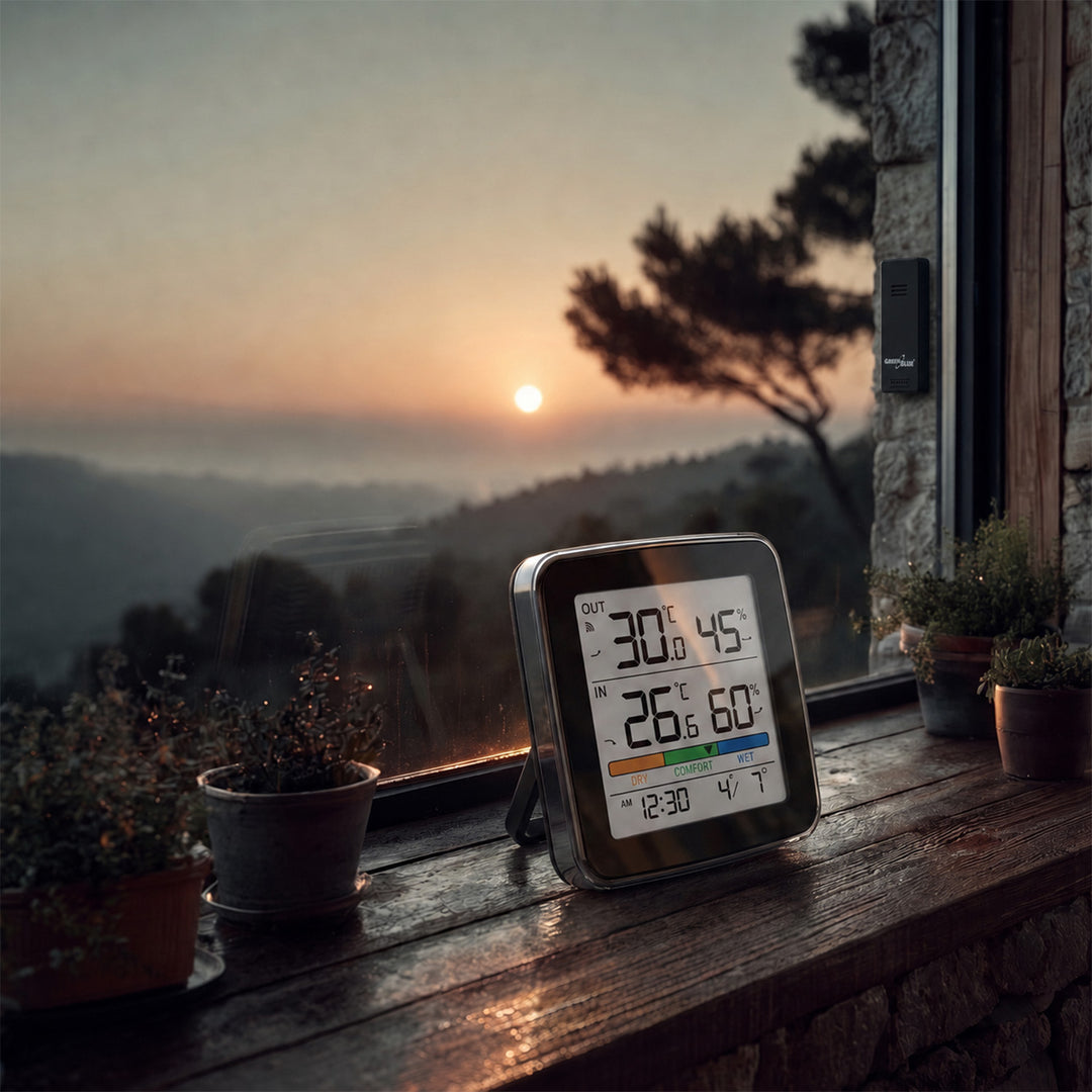 GreenBlue Funk-Wetterstation, Temperatur + Luftfeuchtigkeit (innen/außen), Uhr + Wecker + Datum, °C / °F, bis zu 60 m, schwarz, GB169 B + 4 x Varta Industrial AAA-Alkalibatterien