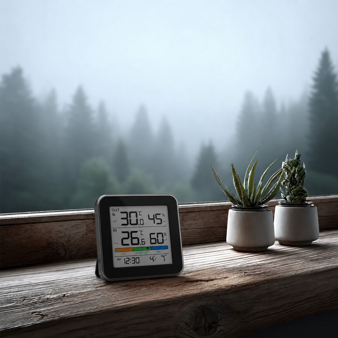 GreenBlue Funk-Wetterstation, Temperatur + Luftfeuchtigkeit (innen/außen), Uhr + Wecker + Datum, °C / °F, bis zu 60 m, schwarz, GB169 B + 4 x Varta Industrial AAA-Alkalibatterien