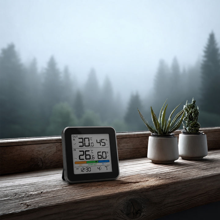 GreenBlue Funk-Wetterstation, Temperatur + Luftfeuchtigkeit (innen/außen), Uhr + Wecker + Datum, °C / °F, bis zu 60 m, schwarz, GB169 B + 4 x Varta Industrial AAA-Alkalibatterien