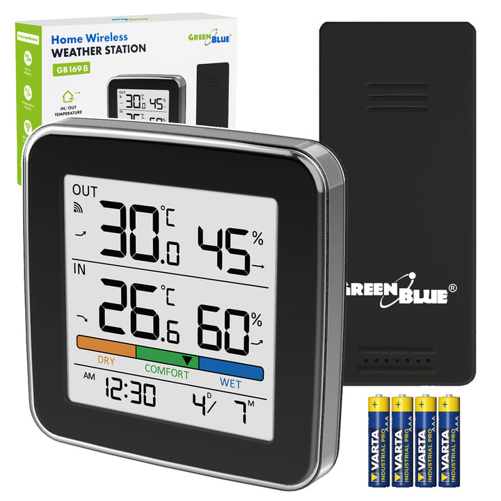 GreenBlue Funk-Wetterstation, Temperatur + Luftfeuchtigkeit (innen/außen), Uhr + Wecker + Datum, °C / °F, bis zu 60 m, schwarz, GB169 B + 4 x Varta Industrial AAA-Alkalibatterien