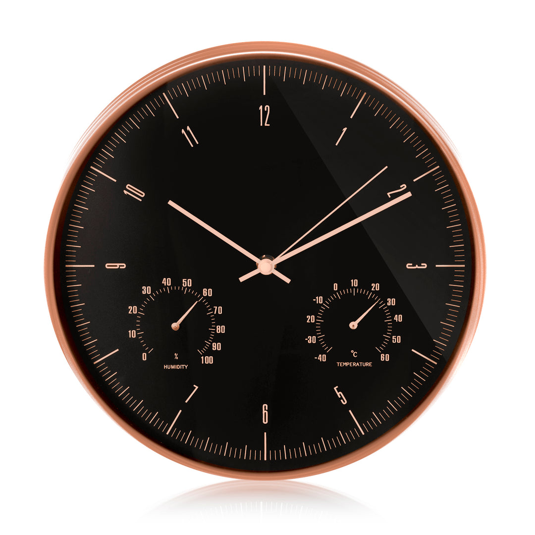 Goldene Wanduhr, 12'' (30 cm), mit Thermometer und Hygrometer, Modell CE70 G + Alkali-Batterie R-06 LR6 AA 1,5 V von Varta Industrial