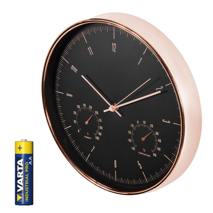 Goldene Wanduhr, 12'' (30 cm), mit Thermometer und Hygrometer, Modell CE70 G + Alkali-Batterie R-06 LR6 AA 1,5 V von Varta Industrial