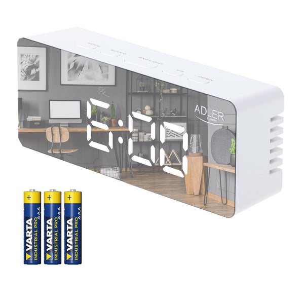 Wecker mit LED-Display und Thermometer Adler AD 1189 W + 3x AAA-Alkalibatterien von Varta Industrial