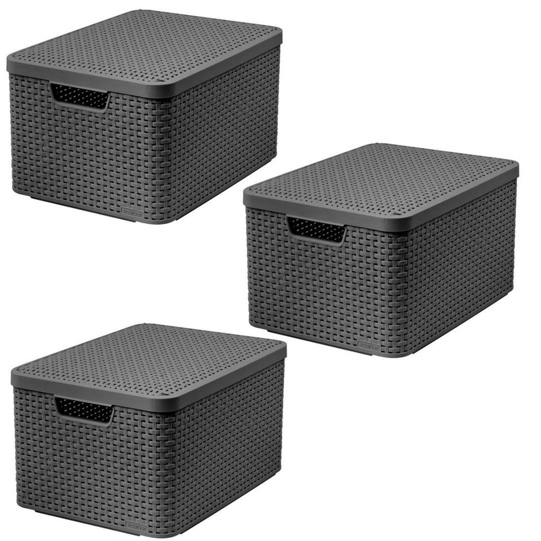 Curver-Korb, universell einsetzbar, mit Deckel, grau, Rattan Style L, 3 Stück