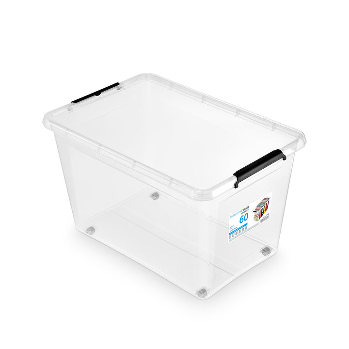 Moxom SimpleStore-Behälter, Fassungsvermögen 60 l, transparent, Deckel mit Clipverschluss, mit Rollen, BPA-frei, 04-0081, 2 Stück