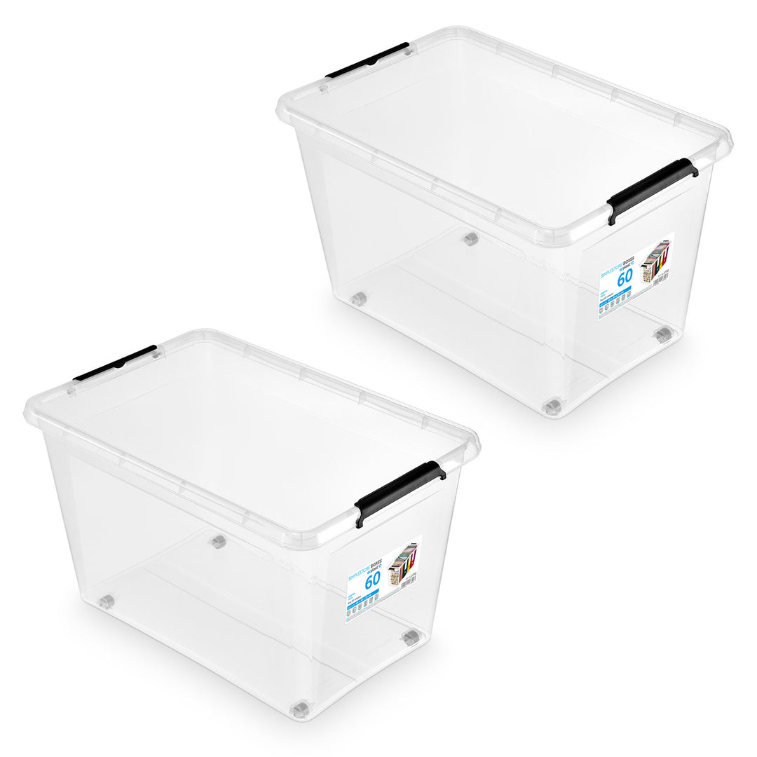 Moxom SimpleStore-Behälter, Fassungsvermögen 60 l, transparent, Deckel mit Clipverschluss, mit Rollen, BPA-frei, 04-0081, 2 Stück