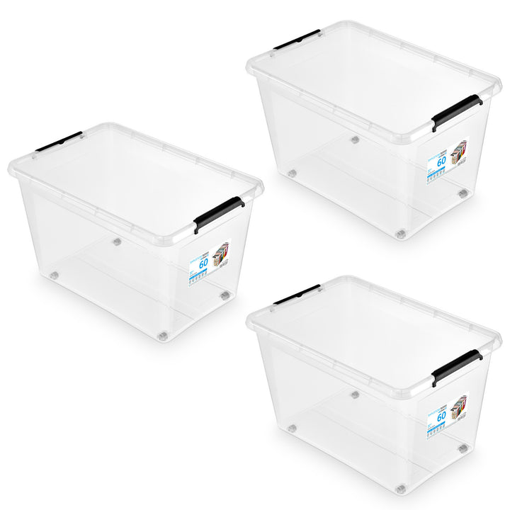 Moxom SimpleStore-Behälter, Fassungsvermögen 60 l, transparent, Deckel mit Clipverschluss, mit Rollen, BPA-frei, 04-0081, 3 Stück