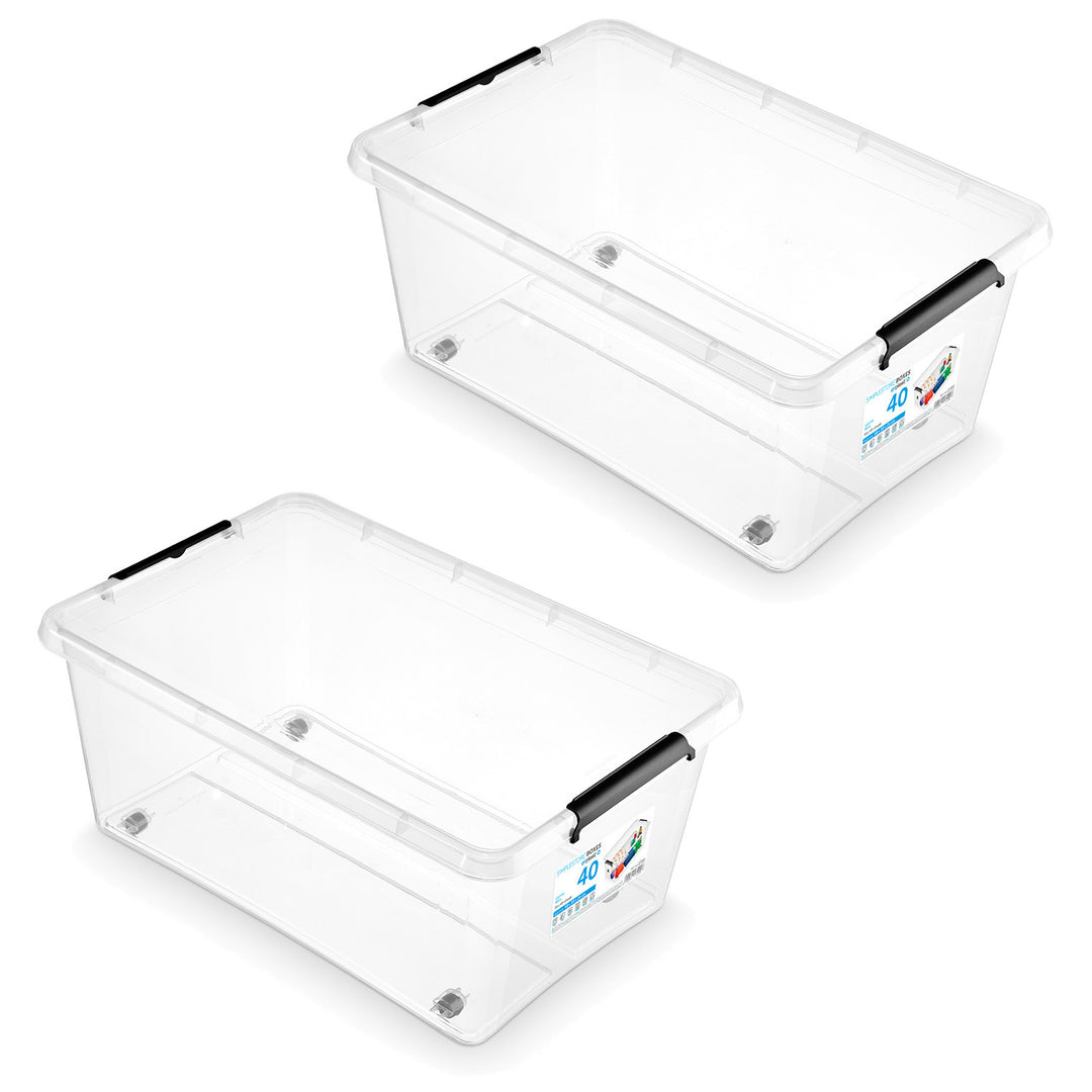 Moxom SimpleStore-Behälter, Fassungsvermögen 40 l, transparent, Deckel mit Clipverschluss, mit Rollen, BPA-frei, 04-0076, 2 Stück