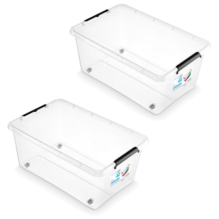 Moxom SimpleStore-Behälter, Fassungsvermögen 40 l, transparent, Deckel mit Clipverschluss, mit Rollen, BPA-frei, 04-0076, 2 Stück