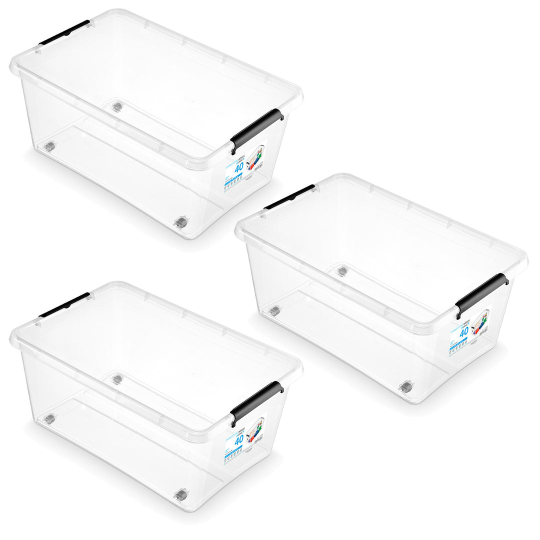 Moxom SimpleStore-Behälter, Fassungsvermögen 40 l, transparent, Deckel mit Clipverschluss, mit Rollen, BPA-frei, 04-0076, 3 Stück
